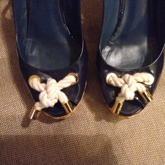 ❤️TORY BURCH Navy Blue Nautical Wicker Wedge Slingback Shoes 8 1/2 - Picture 2 of 7